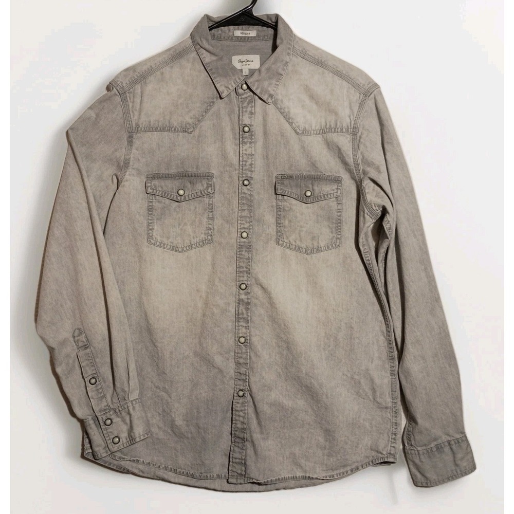 Vtg‎ Pepe Jeans Men's Faded Gray Pearl Snap Button Up Shirt Long-sleeve Sz L